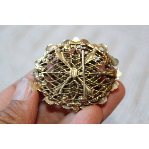 Vtg 80's Victorian Pendant & brooch Signed Hobe Had 20.7g Garnet Rhinestone - Picture 6 of 11